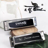 SWAN Harmonica 10หลุม BLUES Key Of C ปาก Organ กรณีทองเหลืองสแตนเลส Woodwind Instrument ของขวัญเด็กเริ่มต้น