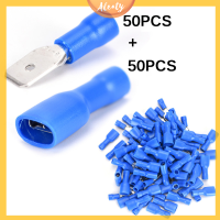 Aleaty? 100X FEMALE MALE Spade ตัวเชื่อมต่อฉนวน CRIMP electrical Wire Terminal BLUE