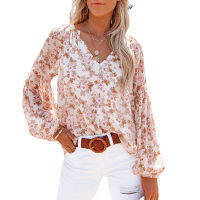 Womans Round V-neck Lantern Sleeve Floral Lined Chiffon Patchwork Blouse Shirt for Spring, Summer