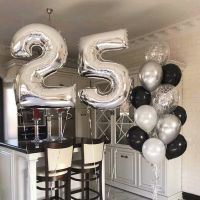 13pcs 25 Years Old Adult Birthday Party Anniversary Decor 40inch number Balloon Metallic Silver Black Latex Confetti Balloons Balloons