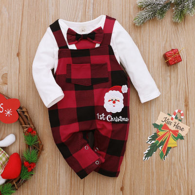 Ma&amp;Baby 0-12M Newborn Infant Baby Boy My 1st Christmas Clothes Set Bow Rompers Plaid Jumpsuit Overalls Outfits Xmas Costume DD40
