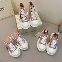 ready stock upgraded version of McQueenˉcanvas white shoes couple casual wild thick-bottomed muffin dad half-pack drag shoes