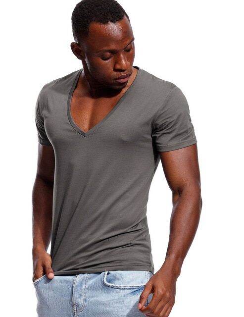 Deep V Neck T Shirt For Men Low Cut Vneck Wide Vee Tee Male Tshirt Invisible Undershirt Model 0136