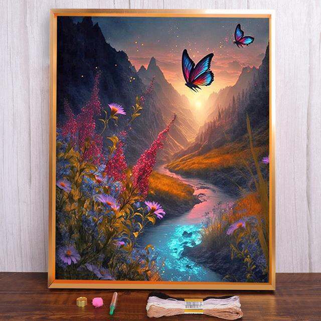 butterfly-scenery-flowers-printed-fabric-11ct-cross-stitch-embroidery-kit-sewing-craft-hobby-handmade-room-decor-mulina-needle