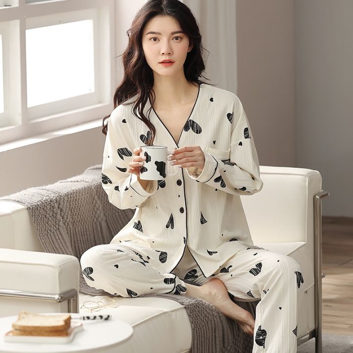 qsrocio-new-autumn-womens-pajamas-set-high-quality-pit-stripes-sleepwear-v-neck-cotton-nightie-homewear-nightwear-pyjamas-femme
