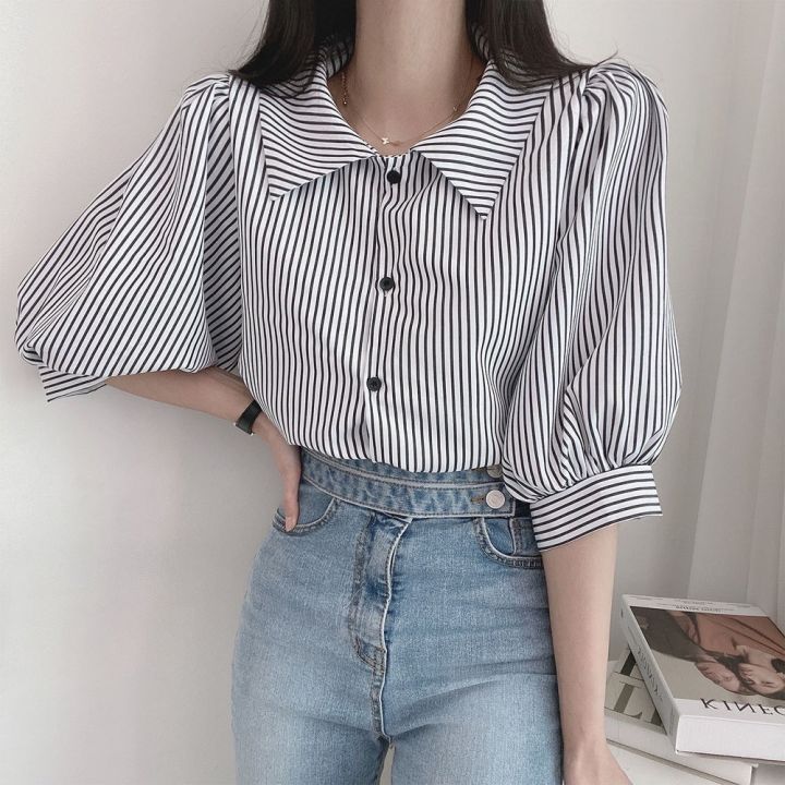 korean-chic-spring-minority-all-match-lapel-single-breasted-design-loose-puff-sleeves-striped-shirt-top-for-women-2023