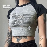 ✗☏ [Galaxy Xinghai] American Spice Girl Raglan Sleeve Contrast Color Top Metallic Pentagram Short T-Shirt