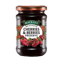 แยมเชอร์รี่และแครนเบอร์รี่ แยมทาขนมปัง ตราแม็คเคย์ MACKAYS CHERRIES &amp; BERRIES PRESERVE Jam ทำในสก๊อตแลนด์ ด้วยกรรมวิธีดั้งเดิม ทำจากผลไม้ล้วน ขนาด 340g