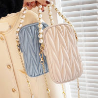 Luxury nd Design Pearl Chain Mini Shoulder Bag Quilting Women PU Leather Rhombus Pattern Phone Pouch Female Tote Purse Wallet
