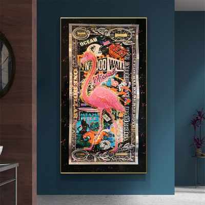 Graffiti Flamingo On Golden Dollar-ศิลปะนามธรรมผ้าใบจิตรกรรมฝาผนัง-ห้องนั่งเล่นตกแต่งบ้าน