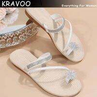 KRAVOO รองเท้าส้นตึกสำหรับผู้หญิง,รองเท้าแตะประดับพลอยเทียมขนาดพลัสไซส์รองเท้าแตะพื้นรองเท้าเดินชายหาดสำหรับต่างหูแฟชั่นสตรี