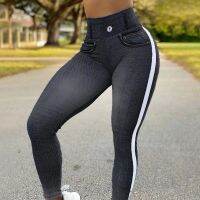 【CW】 New Waist Faux Denim Jean Leggings Elastic Seamless Pant Gym Hip Lifting