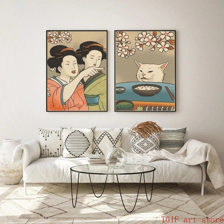 ญี่ปุ่น-ukiyoe-สไตล์โปสเตอร์และพิมพ์ผู้หญิงตะโกนที่แมวผ้าใบภาพวาด-koi-wall-art-ภาพตกแต่งบ้านไม่มีกรอบ