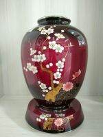 แจกัน Fuji Cloisonne Pottery ลวดลายดอกบ๊วยพลัมสีขาว พื้นหลังสีน้ำตาลแดง แจกันเซรามิคพร้อมฐานตั้ง