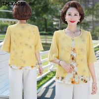 Fake two-piece mid-sleeved printed chiffon shirt womens loose large size mothers summer round neck age-reducing bottoming shirt new