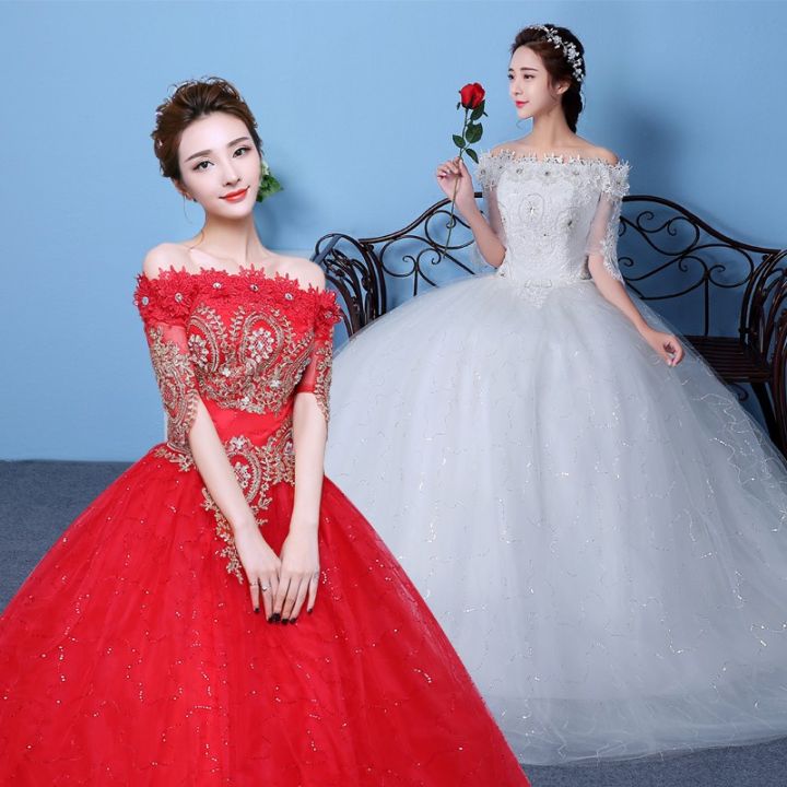 ชุดเดรสปอมเฟร็ทสีแดงเปิดไหล่ข้างเดียวสไตล์เกาหลีสำหรับเจ้าสาวในพิธีชุดแต่งงานวัยผู้ใหญ่-qs1130เพรียวบาง