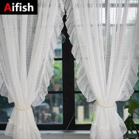 hot.White Striped Sheer Curtains Romantic Ruffle Design Tulle Light Filtering Drapes for Bedroom French Bay Window Curtains