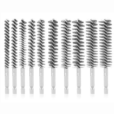 10Pcs Stainless Steel Bore Brush in Different Sizes 1/4Inch Hex Shank,Wire Brush Attachment for Drill Set