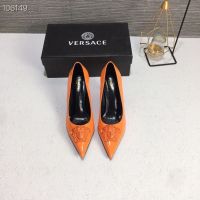 2023 VersaceˉSummer New Fashion Metal Figure Pointed Shallow Mouth Womens Single Shoes Genuine Leather Temperament High Heels