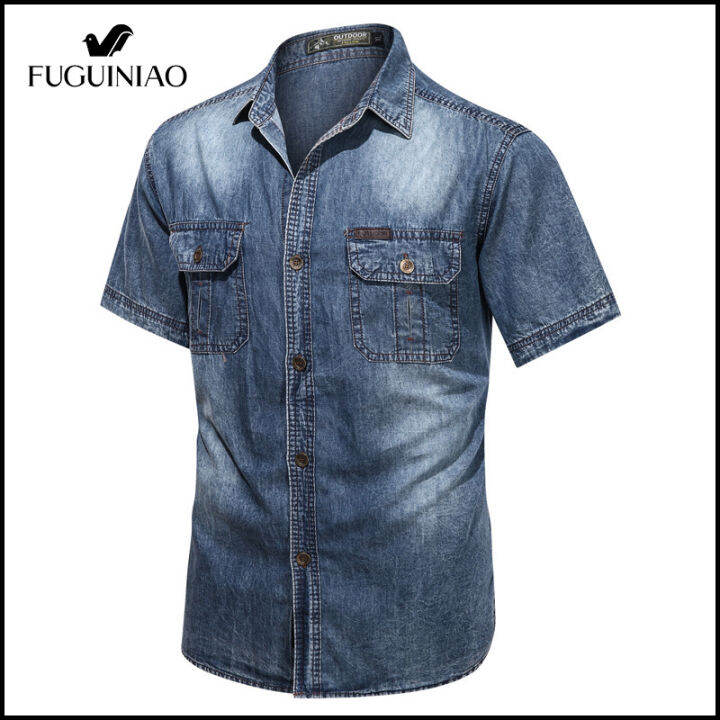 fuguiniao-เสื้อเชิ้ตฝ้ายบริสุทธิ์ฤดูร้อนผู้ชาย-สำหรับเสื้อเชิ้ตเดนิมของบุรุษเสื้อเชิ้ตลำลองมีกระเป๋าหลายจุดเสื้อยีนส์