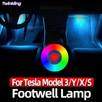 โคมไฟที่วางเท้า LED สำหรับรถ Tesla รุ่น3 Y X S สี RGB ชุดโคมไฟต้อนรับโคมไฟประตูลำต้นไฟตกแต่งภายใน