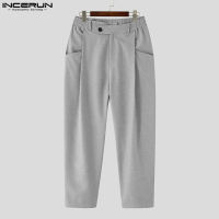 Mediussa INCERUN Mens Asymmetric Placket Single Pleated Straight Cropped Trousers (สไตล์เกาหลี)