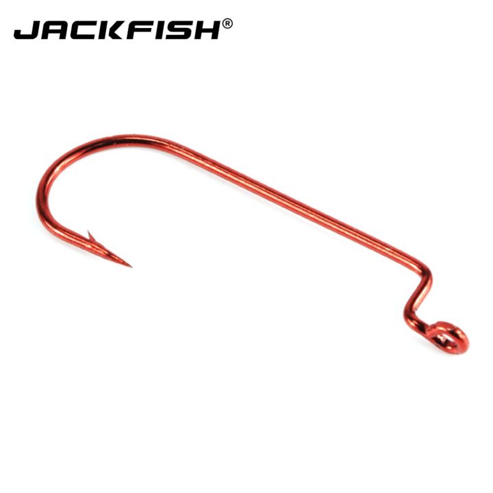 อุปกรณ์ตกปลา-jackfish-50ชิ้น-ล็อตตะขอเหยื่อที่เหวี่ยงล่อเบ็ดสีแดงที่มีรูตะขอตกปลาเหล็กคาร์บอนสูงเหยื่อปลอมตะขอตกปลา