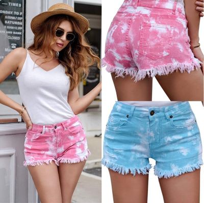 Summer Ladies Sexy Denim Shorts Women Medium Waist Light Washed Tie Dyed Tassel Hole Denim Shorts Female Cut Out Shorts