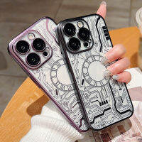 เคสฝาหลังเคลือบอิเล็กโทรเพลท HTT สำหรับ iPhone 14 Pro 13 12 Pro Max Plus เคสรูปแบบนาฬิกาใสป้องกันกระจกเลนส์กล้อง