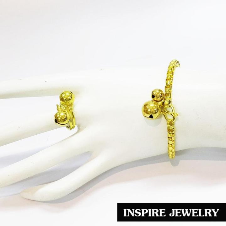 inspire-jewelry-sets-2pcs-ชุดสองชิ้นสร้อยข้อมือทองเหลืองลายบล็อก-และแหวนทองเหลืองฟรีไซด์-ห้อยกระดิ่งน่ารักๆ-มีเสียงดัง-เชื่อกันเรื่องเรียกทรัพย์เวลามีเสียง-ใส่ได้โดยไม่ต้องถอด-ทนทาน-น่ารักสุดๆ