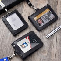 4-Sided Transparent Window Badge Holder ID Card Holders Genuine Leather Chest Card Work Nametag Case with Lanyard Card Holders