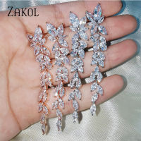 ZAKOL Luxury Marquise Cluster Shiny Leaf Shape Cubic Zirconia Long Dangle Drop Earrings for Brides Wedding Jewelry FSEP2605