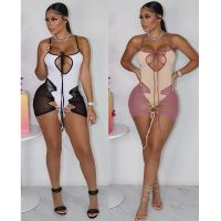 Summer Cut out 2 Pieces Beachwear Women Spaghetti Strap Bodysuit Top and Bandage Mesh Mini Skirt 2022 Bikinis Set Bathing Suits