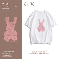 CHIC ผ้าฝ้ายแท้ กระต่ายสวยเรียบง่ายพิมพ์เสื้อยืดแขนสั้น สไตล์สบาย ๆ T0484