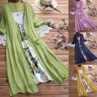 【YF】 Summer Female 2Pcs/Set Plus Size Lady Flower Print Cotton Linen Sleeveless Sling Dress with Cardigan Long Casual Богемия платье