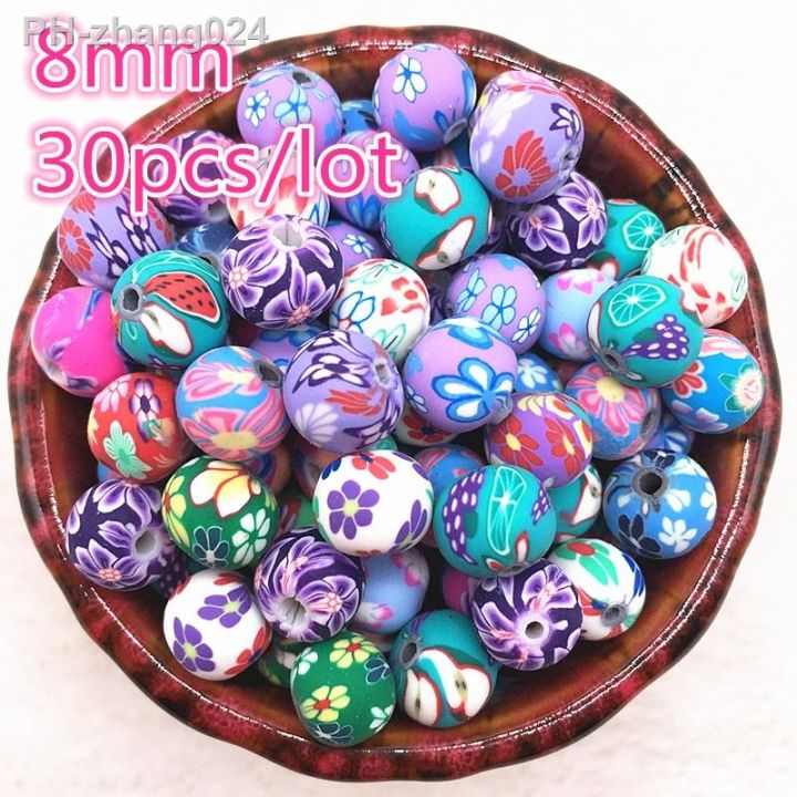 30pcs-8mm-polymer-clay-flower-pattern-printing-beads-round-loose-beads-mix-colors-for-make-jewelry