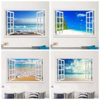 Blue Beach Nature Sky 3D Window View Wall Sticker PVC Sea Landscape Vinyl Decal Room Decor Self-adhesive Wallpaper Picture