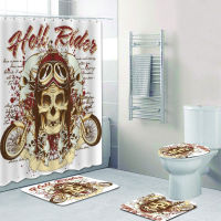 3D Funky Hello Rider Skull Motorcycle Biker Bathroom Curtain Set Skeleton Speed Adventure Sports Shower Curtain Toilet Rug Decor