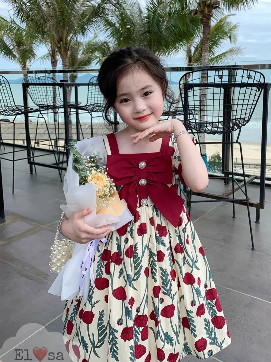 Váy bé gái  Đầm Hoa Hồng Đỏ Nơ Ngực xinh xắn cho bé 18 Tuổi  Lazadavn