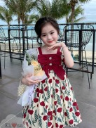 Váy bé gái - Đầm Hoa Hồng Đỏ Nơ Ngực xinh xắn cho bé 1-8 Tuổi