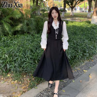 Zhu Xia ชุดเดรสเข้ารูปเอวและลดอายุสำหรับผู้หญิงกระโปรงสองชิ้นปลอมแบบผูกเชือกสไตล์ฝรั่งเศส