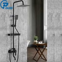 OUIO Matte Black Rainfall Shower Faucet Set Single Lever Bathtub Shower Mixer Faucet W/Storage Shelf Hot Cold Mixer Water Tap