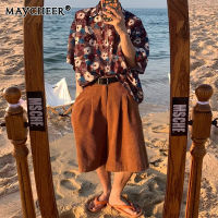 MAYCHEER  เสื้อพิมพ์ลายแฟชั่นป๊อปผู้ชายแขนสั้นรีสอร์ทริมทะเล