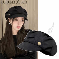 Ruo Bei Xuan หมวกไหมพรมเด็กเบเร่ต์มีจีบสำหรับผู้หญิงหมวกแปดเหลี่ยมดูพองหน้าสไตล์เกาหลีลำลองปีกสั้นทุกวันโดยไม่ต้องแต่งหน้า