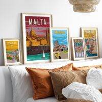 Vintage Malta Granada Turin Marseille Florence City Scenery โปสเตอร์ภาพวาดผ้าใบสำหรับห้องนั่งเล่นตกแต่งบ้าน