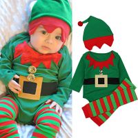 3Pcs Set Newborn Baby Christmas Outfits Clothes Long Sleeve Santa Stripe Print Rompers Cap Socks Toddler Infant Party Costumes