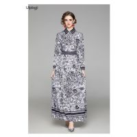 Womens Floral Vacation Maxi Dress Shirt Collar Bow Belt Lace Up Long Sleeve Flower Printed Beach Pleated Vestidos