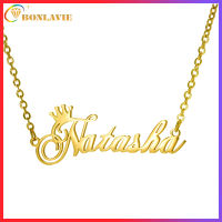 BONLAVIE【Name Custom Necklace】18K Gold Plated Women Crown Stainless Steel Nameplate Choker Necklaces Birthday Jewelry Gift