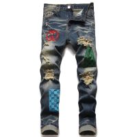 Hole Tie Dye Stitching Contrast Patch Fabric Ripped Jean Street Trendy Men Jean Motorcycle Pant Punk Denim Pant Hip Hop Jean Men