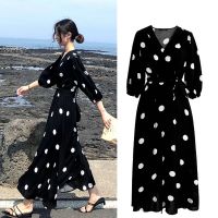 COD DSFERTGERRYYY 【COD Ready Stock】V-neck High Waist Chiffon Dress Women Summer New Style Polka Dot Big Flounce Vintage Short-sleeved